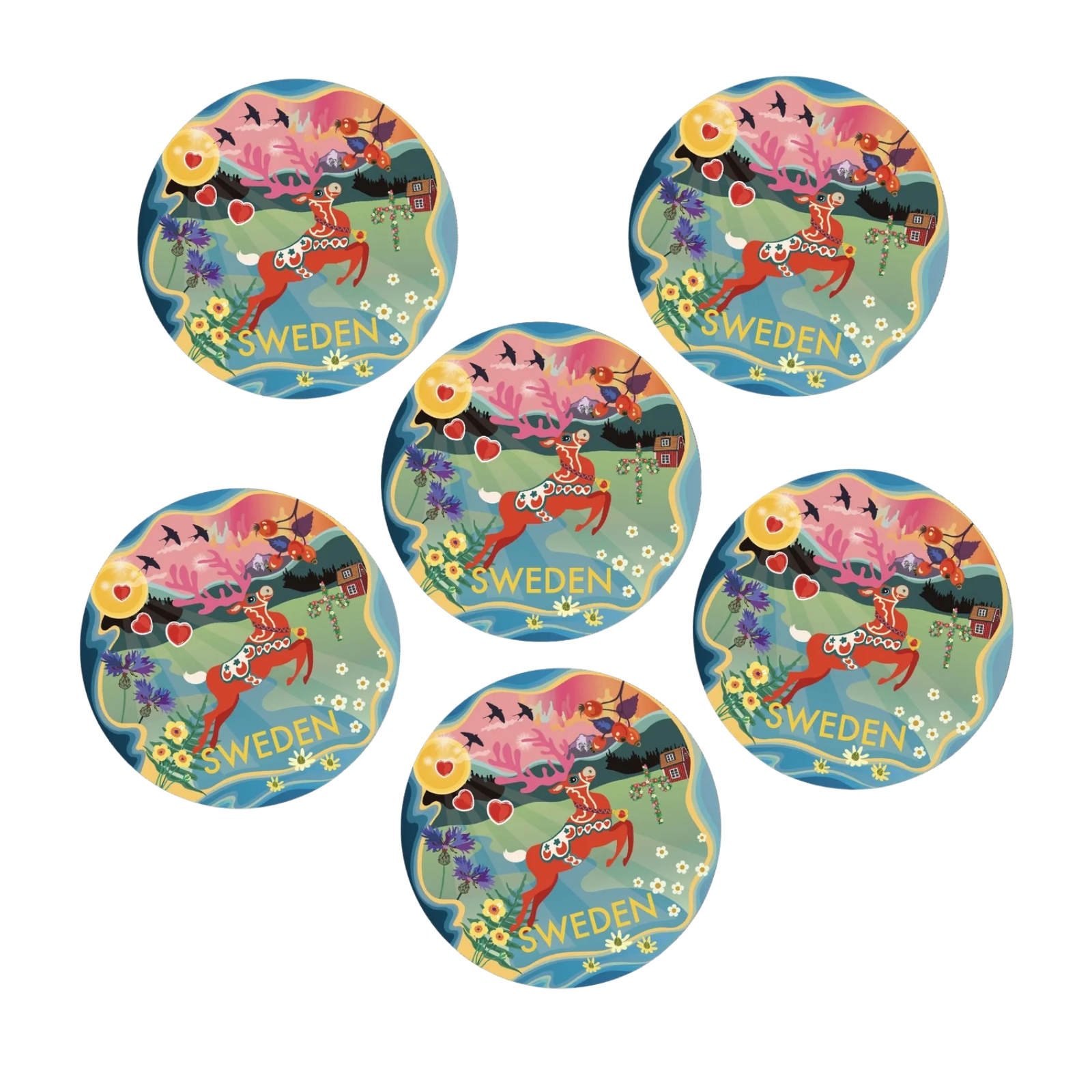 Glasunderlägg Dala deer Sweden 6-pack
